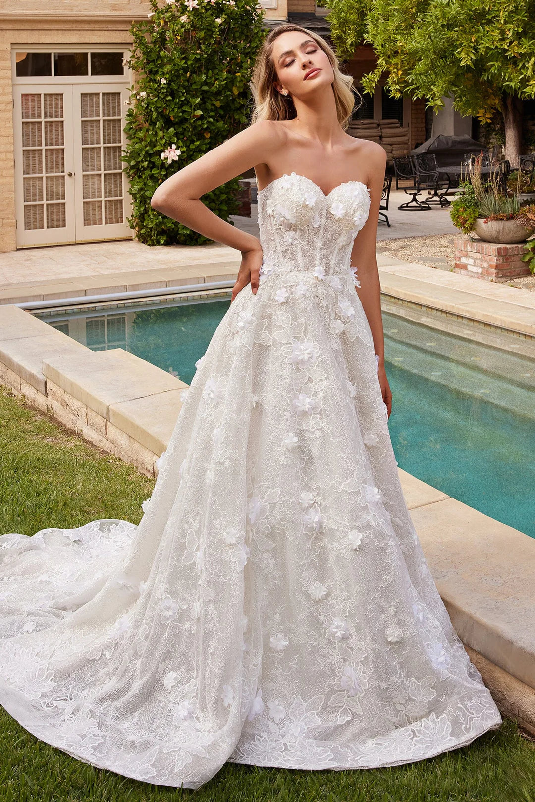 A-line white one shoulder tight corset floor hugging wedding dress with decals