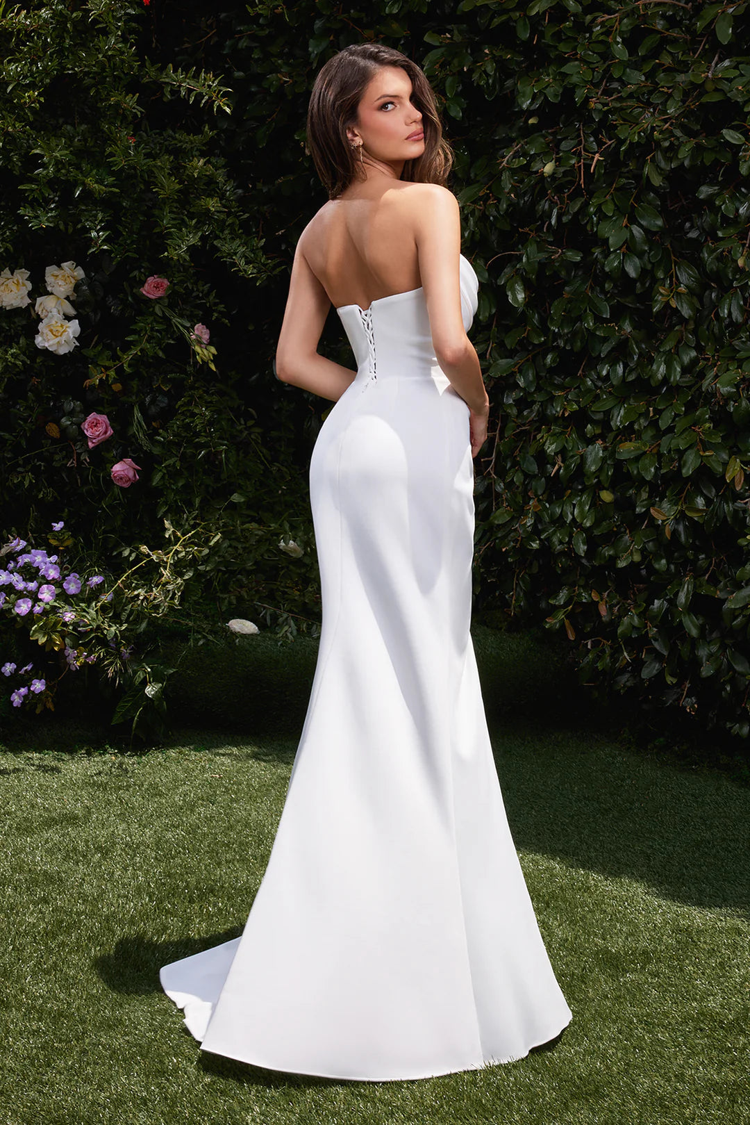 A-line white square neck sleeveless strapless and floor length skirt with side slit
