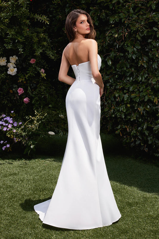 A-line white square neck sleeveless strapless and floor length skirt with side slit