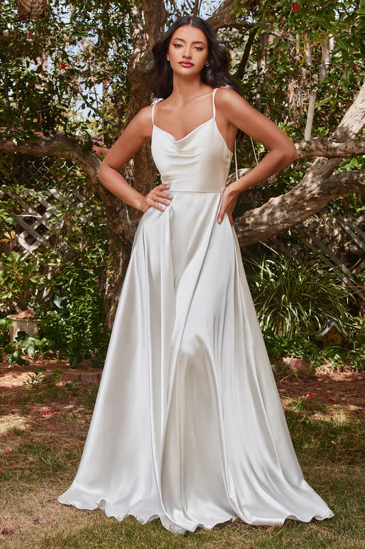 A-line white thin suspender satin dress with side slit