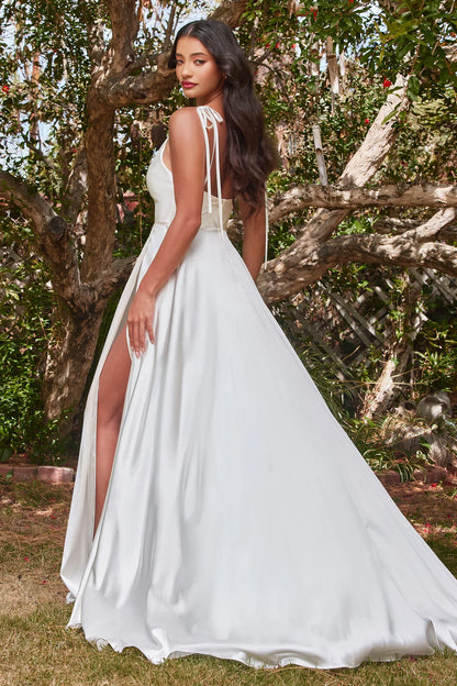 A-line white thin suspender satin dress with side slit