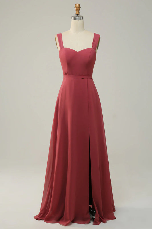 Sleeveless wide shoulder strap long bridesmaid dress