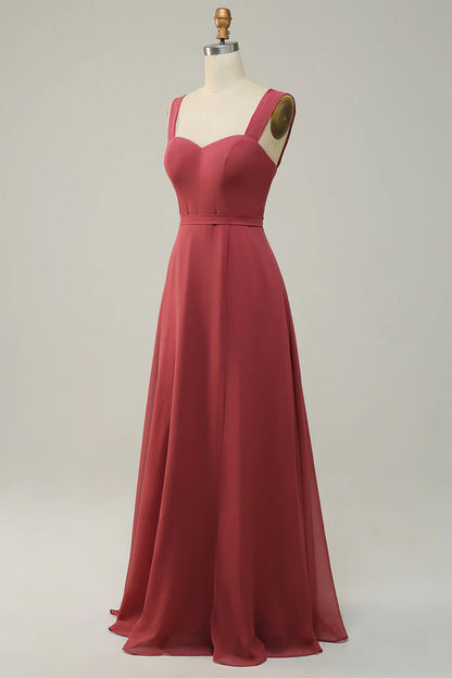 Sleeveless wide shoulder strap long bridesmaid dress