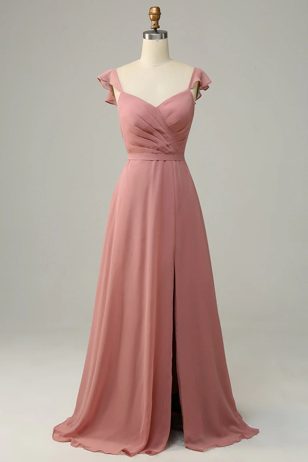 A-line pleated long chiffon bridesmaid dress with slit