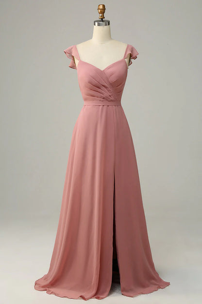 A-line pleated long chiffon bridesmaid dress with slit