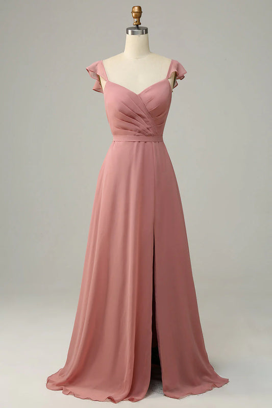 A-line pleated long chiffon bridesmaid dress with slit
