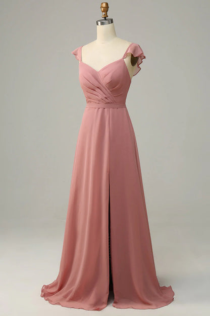 A-line pleated long chiffon bridesmaid dress with slit