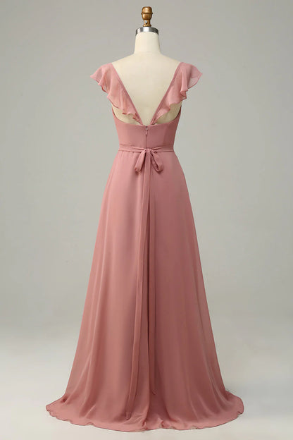 A-line pleated long chiffon bridesmaid dress with slit