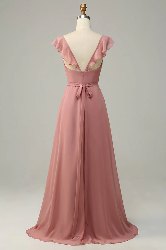 A-line pleated long chiffon bridesmaid dress with slit