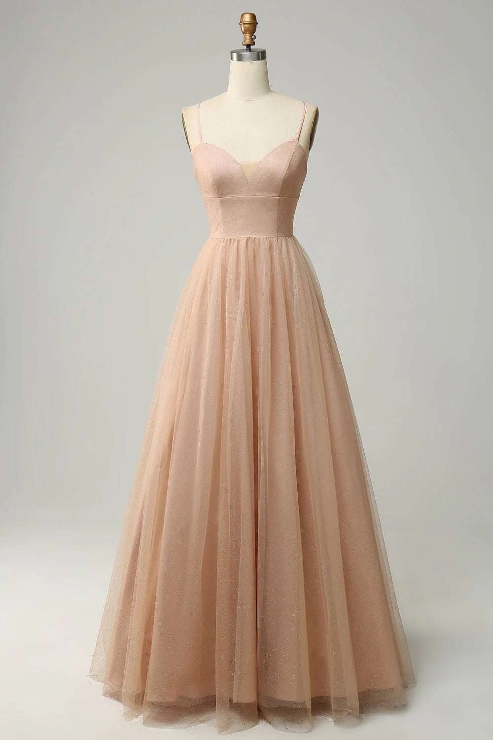 Champagne A-line thin suspender long bridesmaid dress