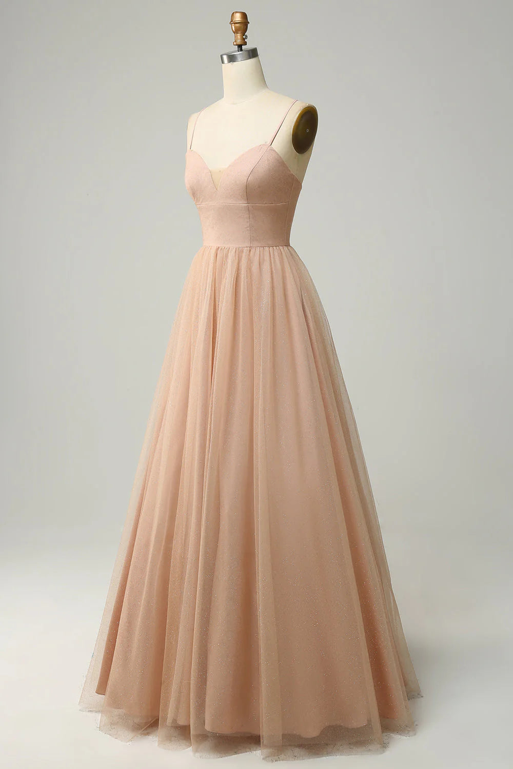 Champagne A-line thin suspender long bridesmaid dress