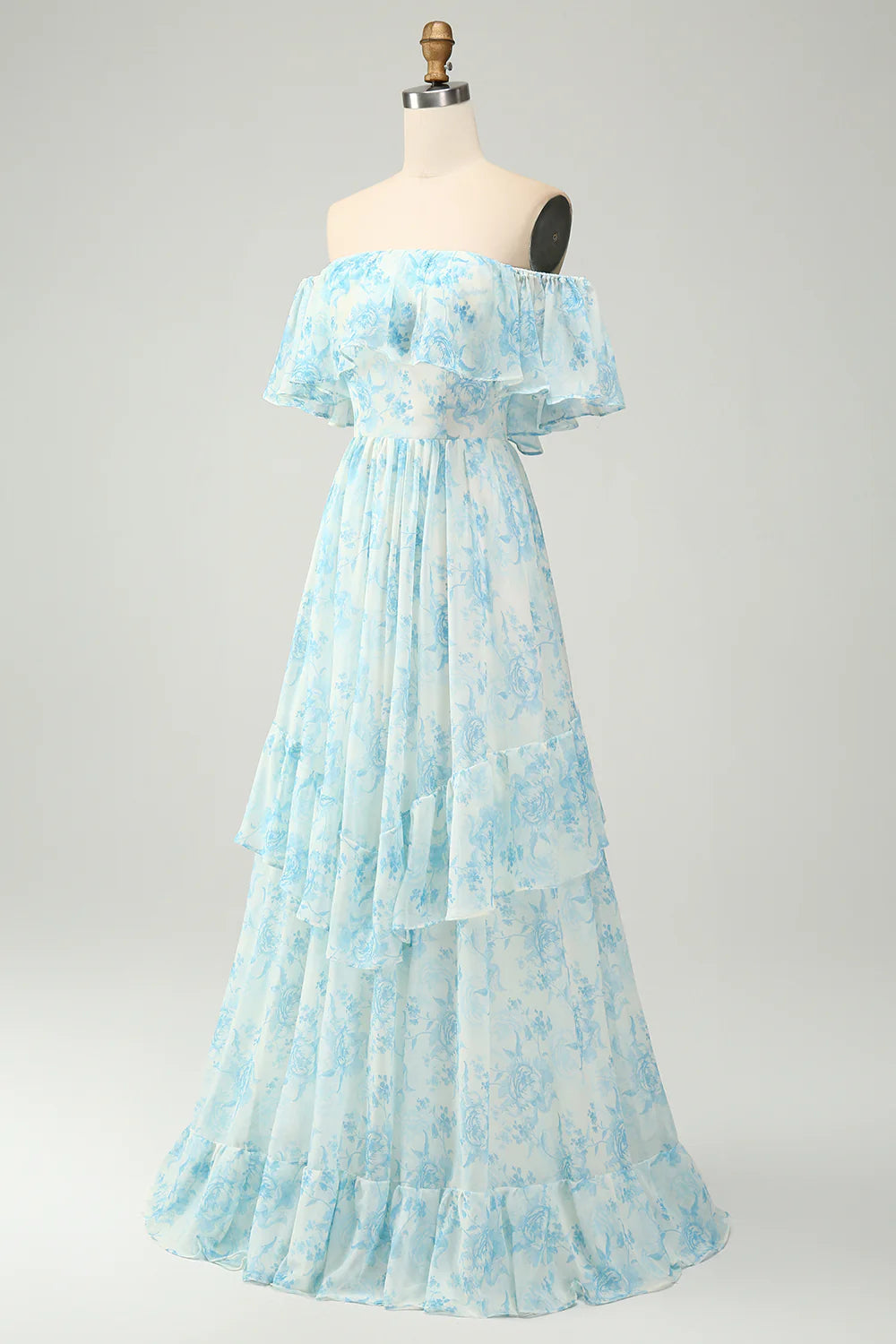 A Line Off The Shoulder Tiered White Blue Floral Maxi Dress