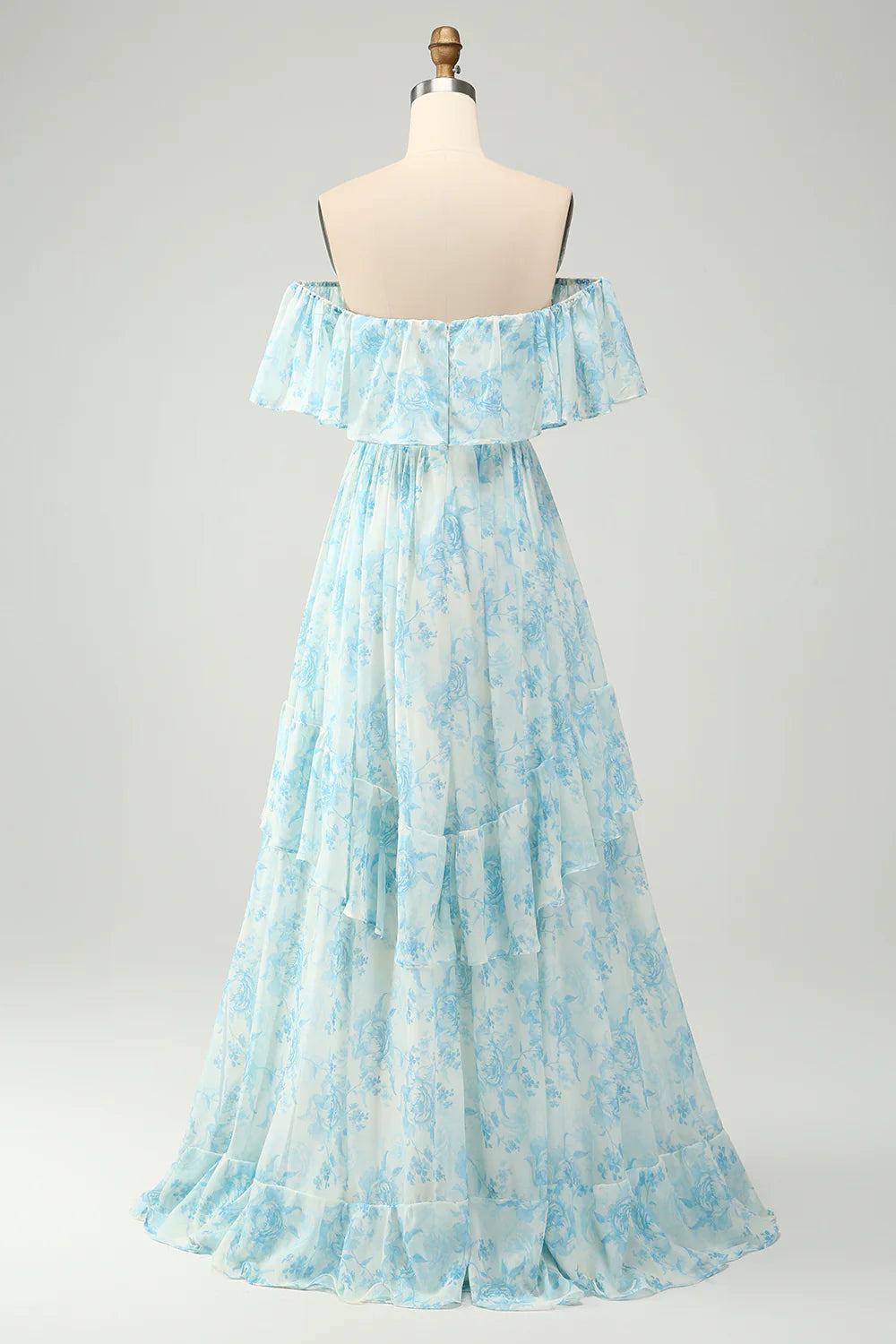 A Line Off The Shoulder Tiered White Blue Floral Maxi Dress