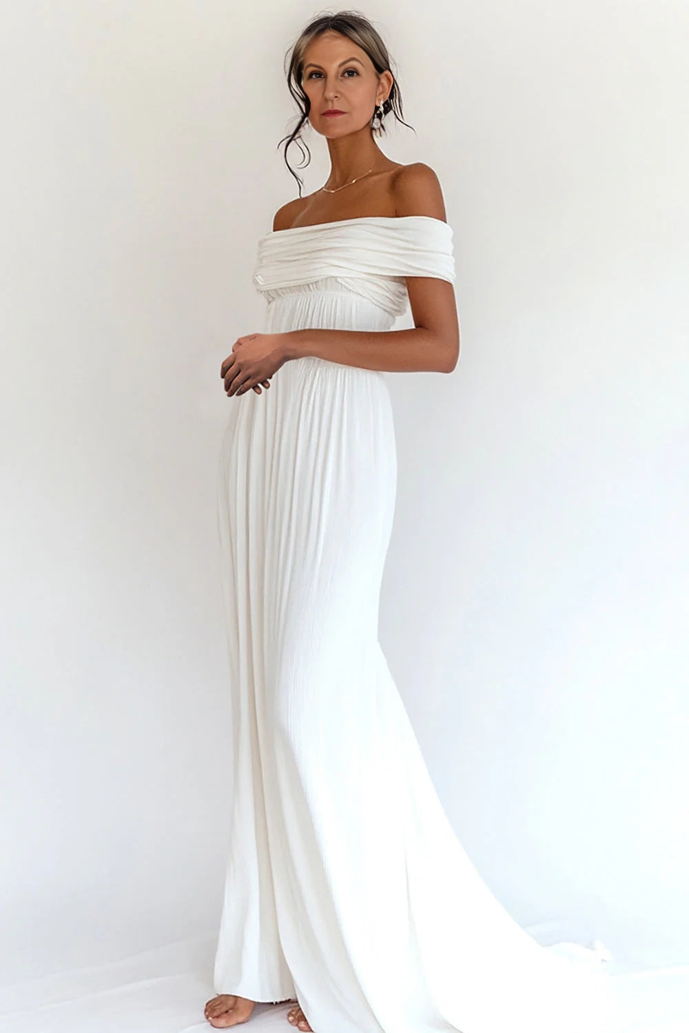 A Line Off the Shoulder White Pleated Formal Dress