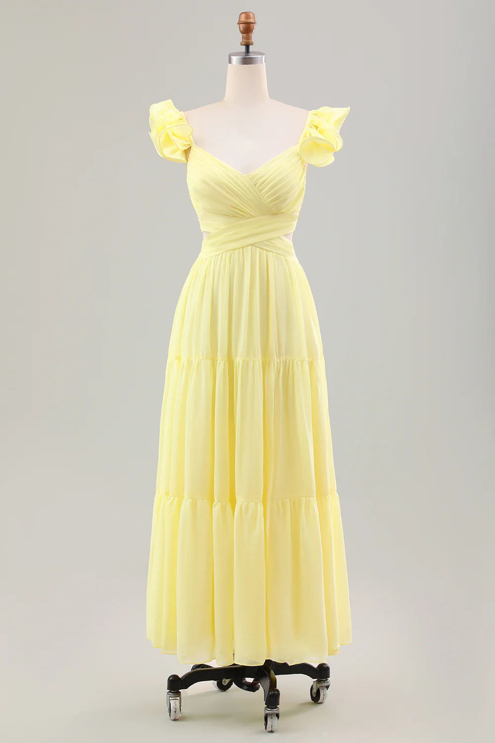 Simple Lemon Yellow A Line Pleated Chiffon Wedding Party Guest Dress with Ruffles