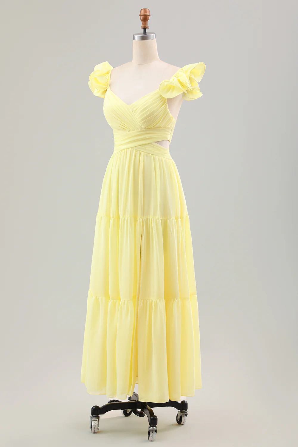 Simple Lemon Yellow A Line Pleated Chiffon Wedding Party Guest Dress with Ruffles