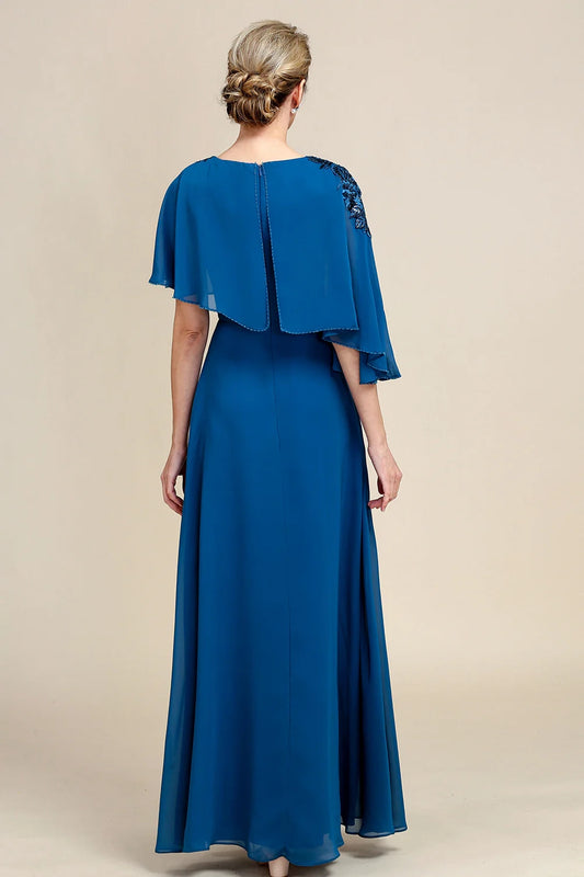 A Line Round Neck Long Mother of Bride Dress with Appliques