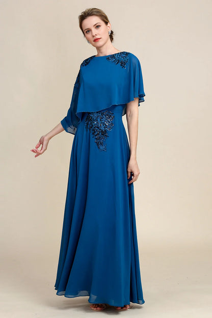 A Line Round Neck Long Mother of Bride Dress with Appliques
