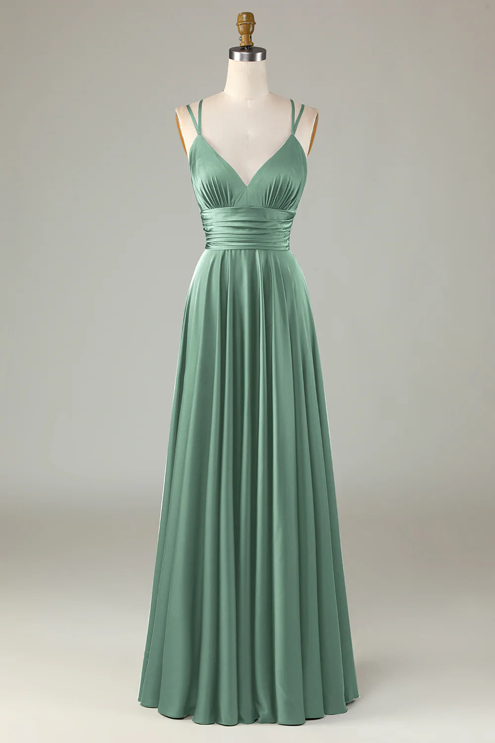 A Line Spaghetti Straps Floor-Length Satin Bridesmaid Dress