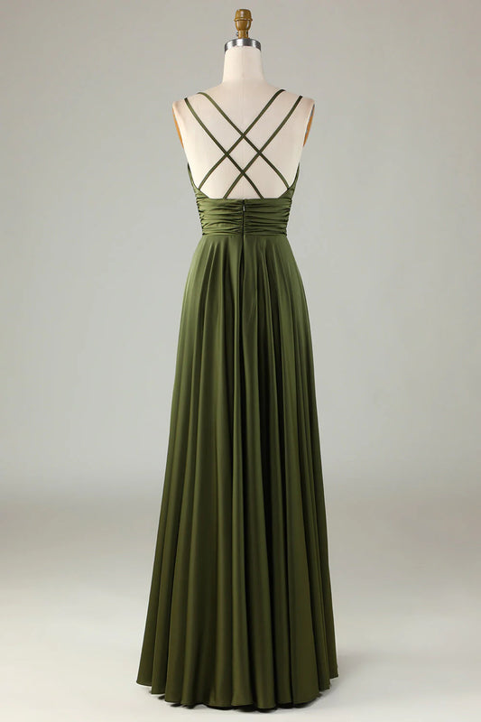 A Line Spaghetti Straps Floor-Length Satin Bridesmaid Dress