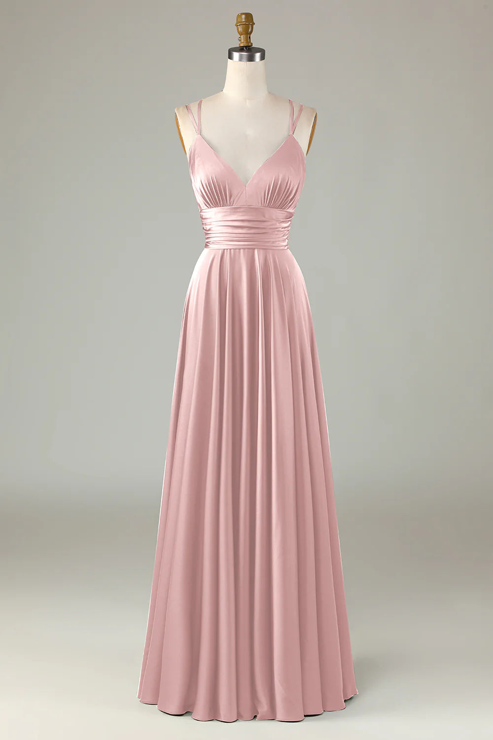 A Line Spaghetti Straps Floor-Length Satin Bridesmaid Dress