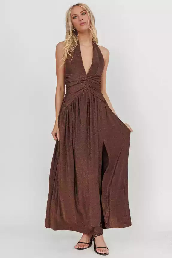 Absolutely stunning hanging neck collar, exposed back, side zipper, front leg slit Prom Dresses