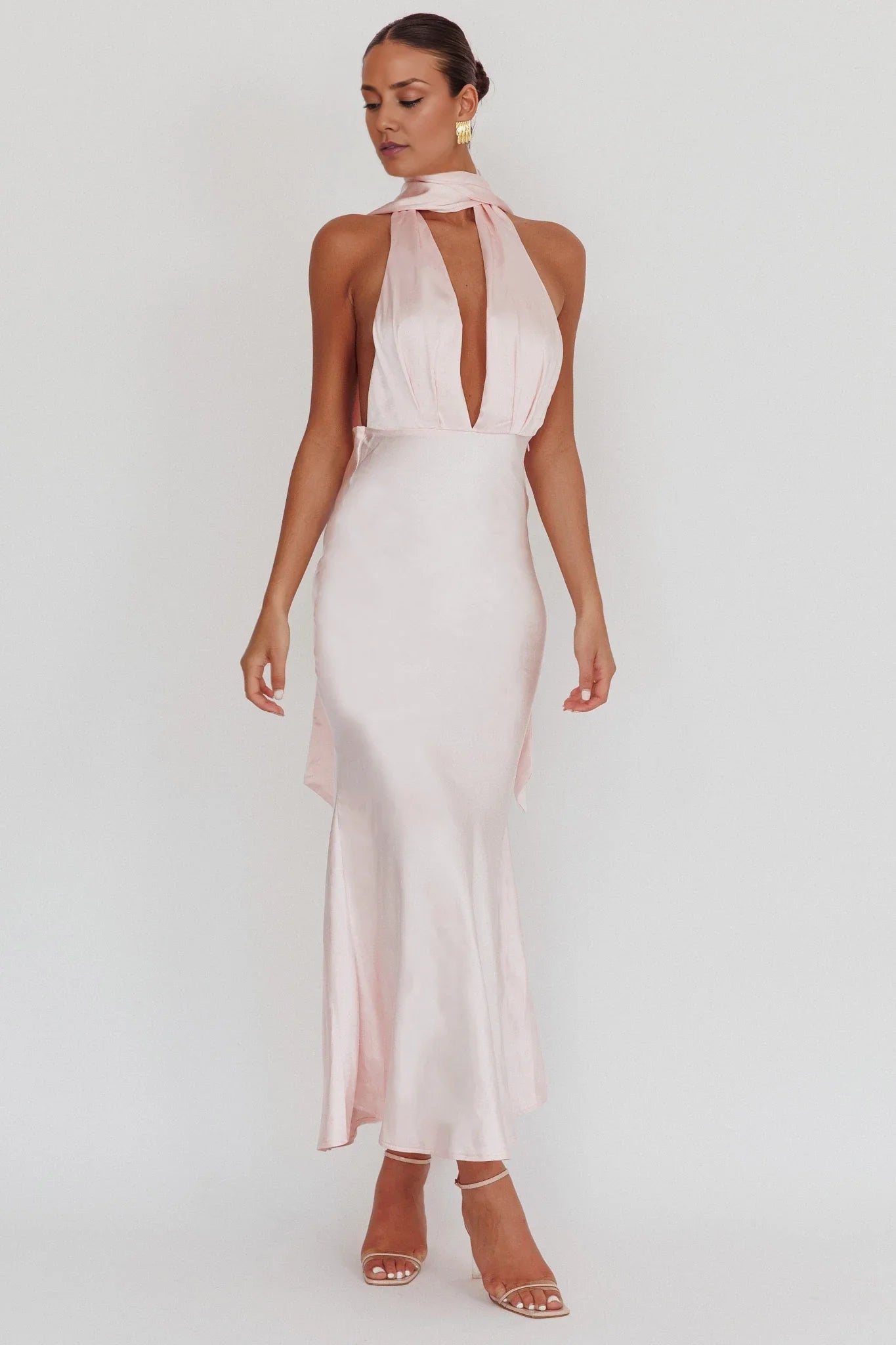 Absolutely stunning satin rose decoration deep V-neckline backless bridesmaid dress