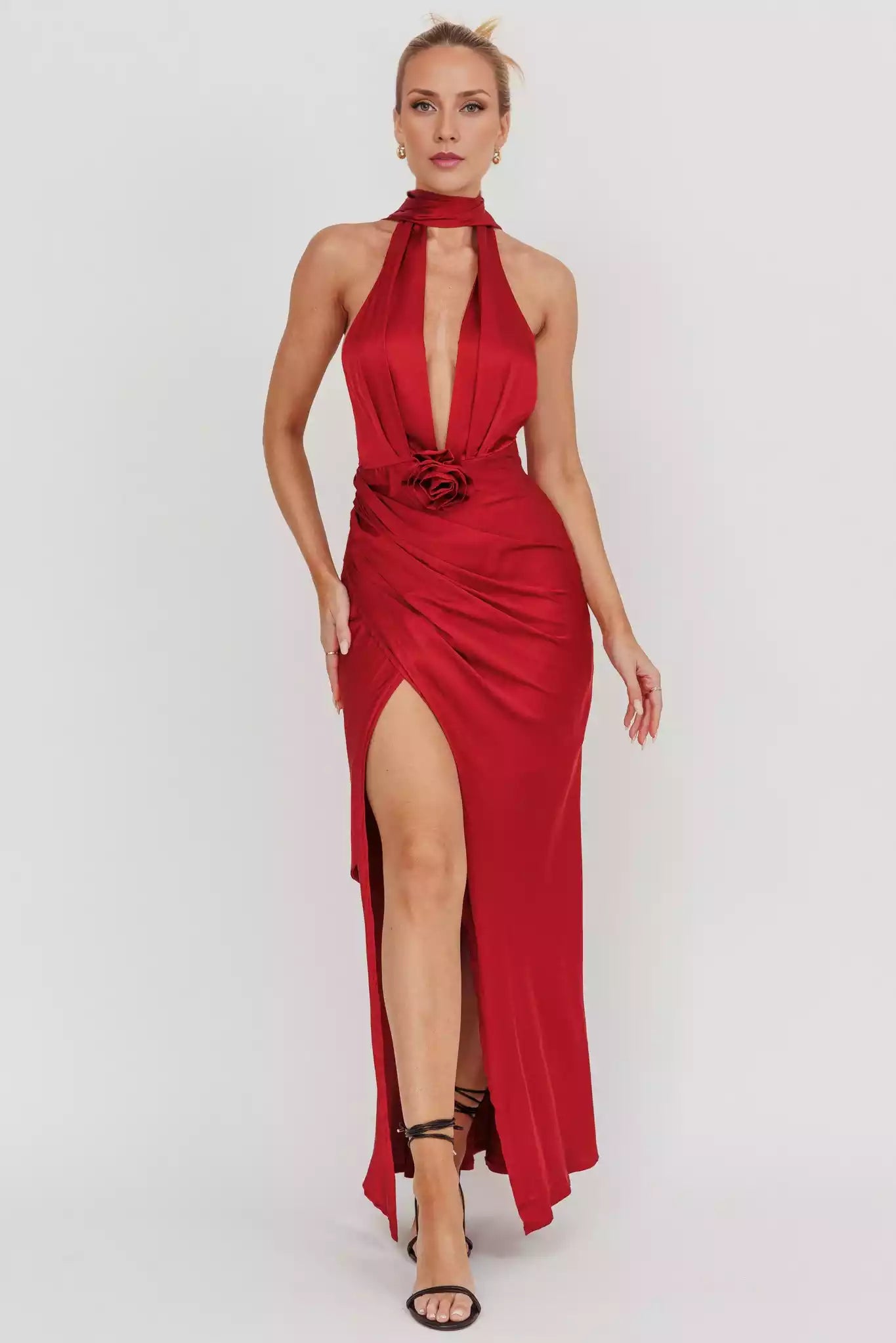 Absolutely stunning satin ultra long deep V-neck, backless, detachable rose leg slits, invisible back zipper Prom Dresses