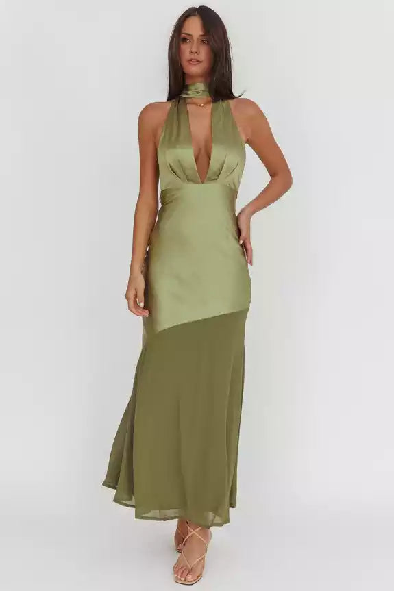 Absolutely stunning satin ultra long deep V-neck, backless, invisible side zipper Bridesmaid Dresses