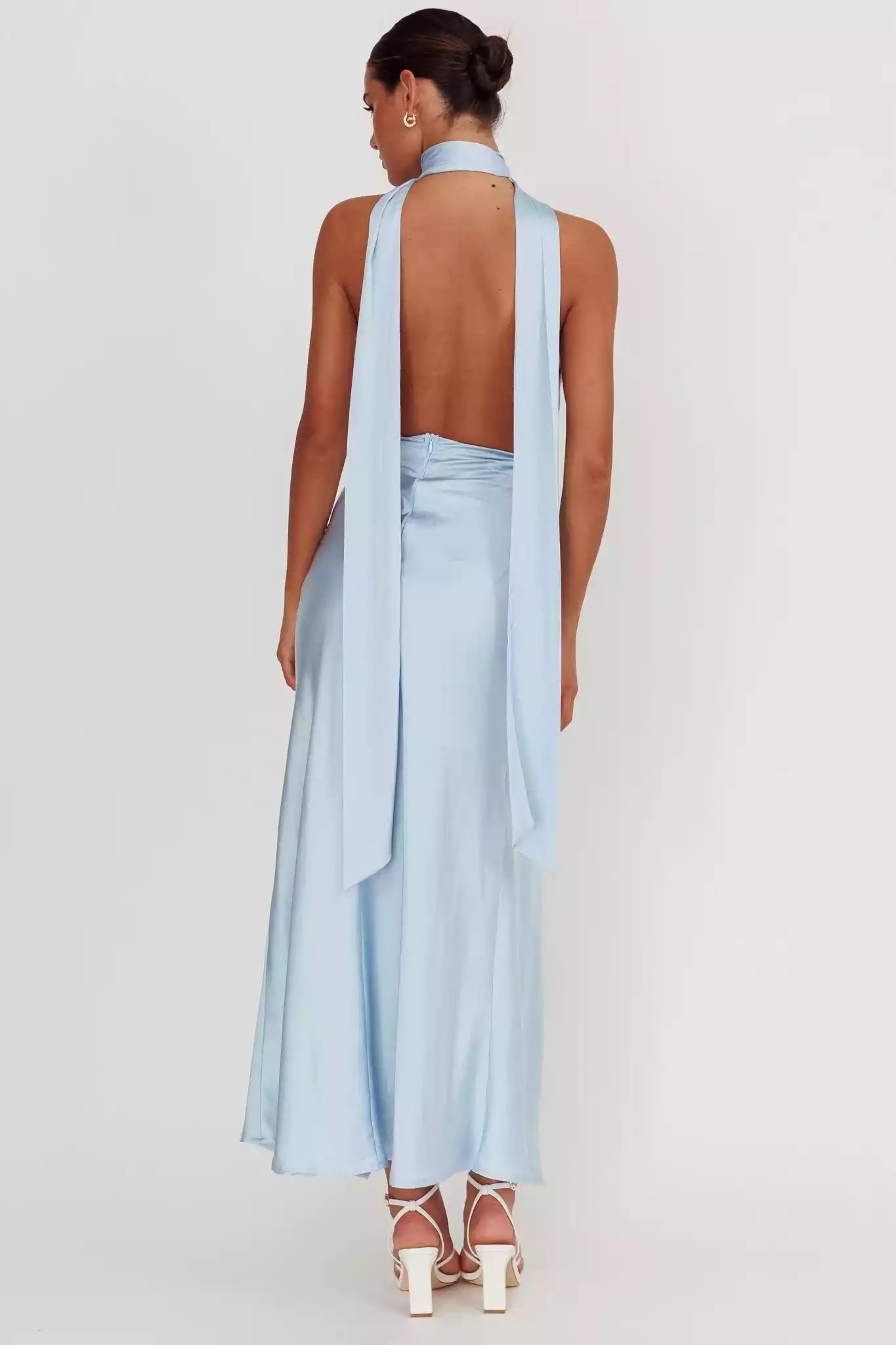 Absolutely stunning satin ultra long deep V-neckline with exposed back and leg slits lined with invisible back zipper Bridesmaid Dresses