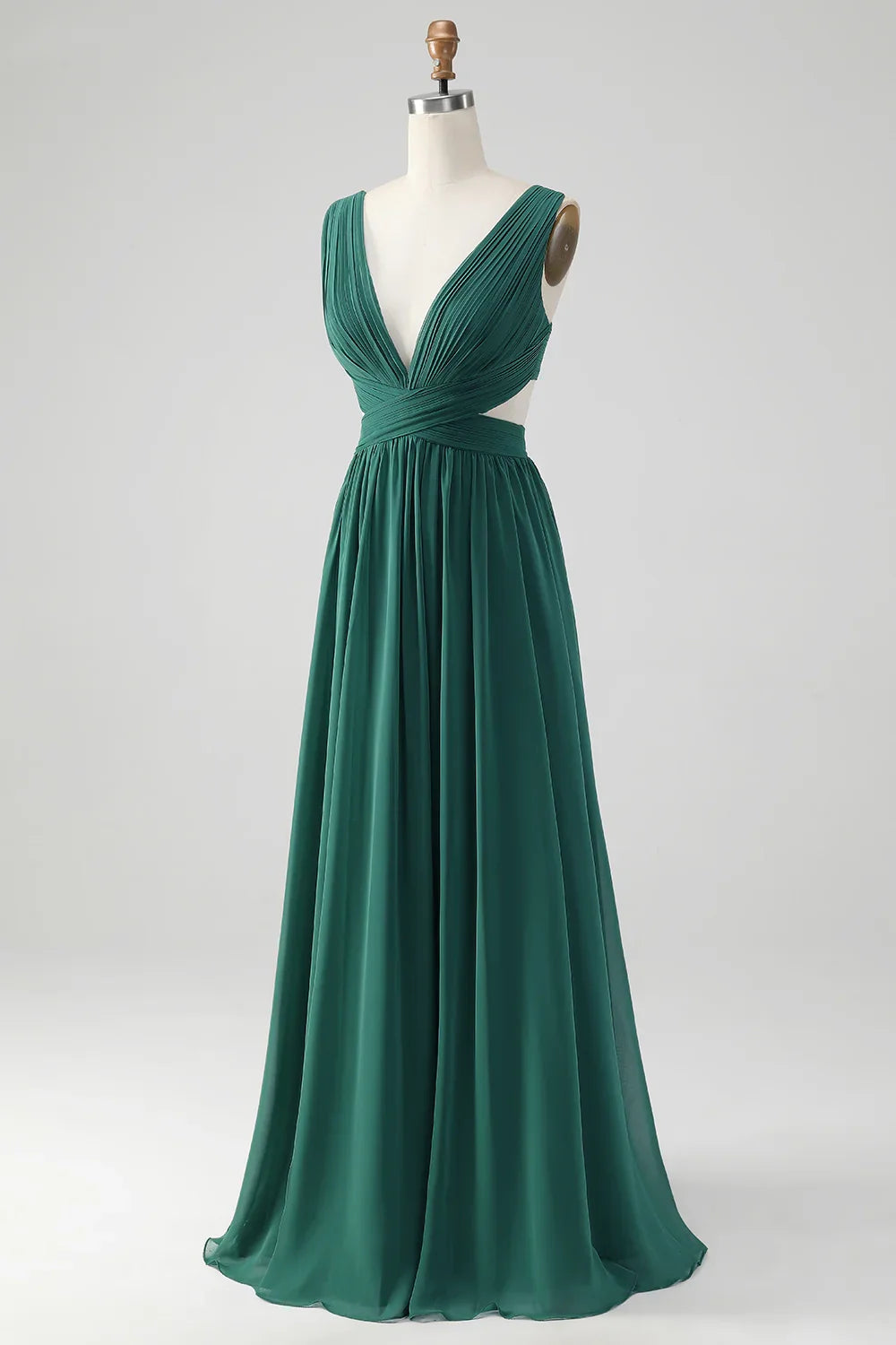 A charming A-line V-neck pleated chiffon long bridesmaid dress