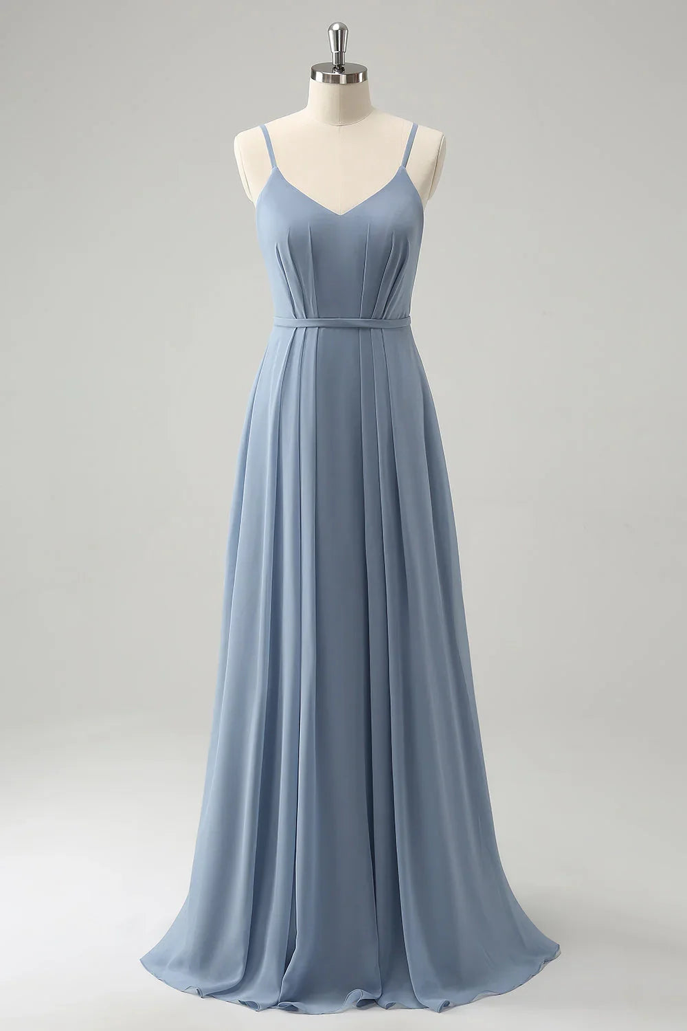 A charming A-line slim shoulder strap pleated long slit bridesmaid dress
