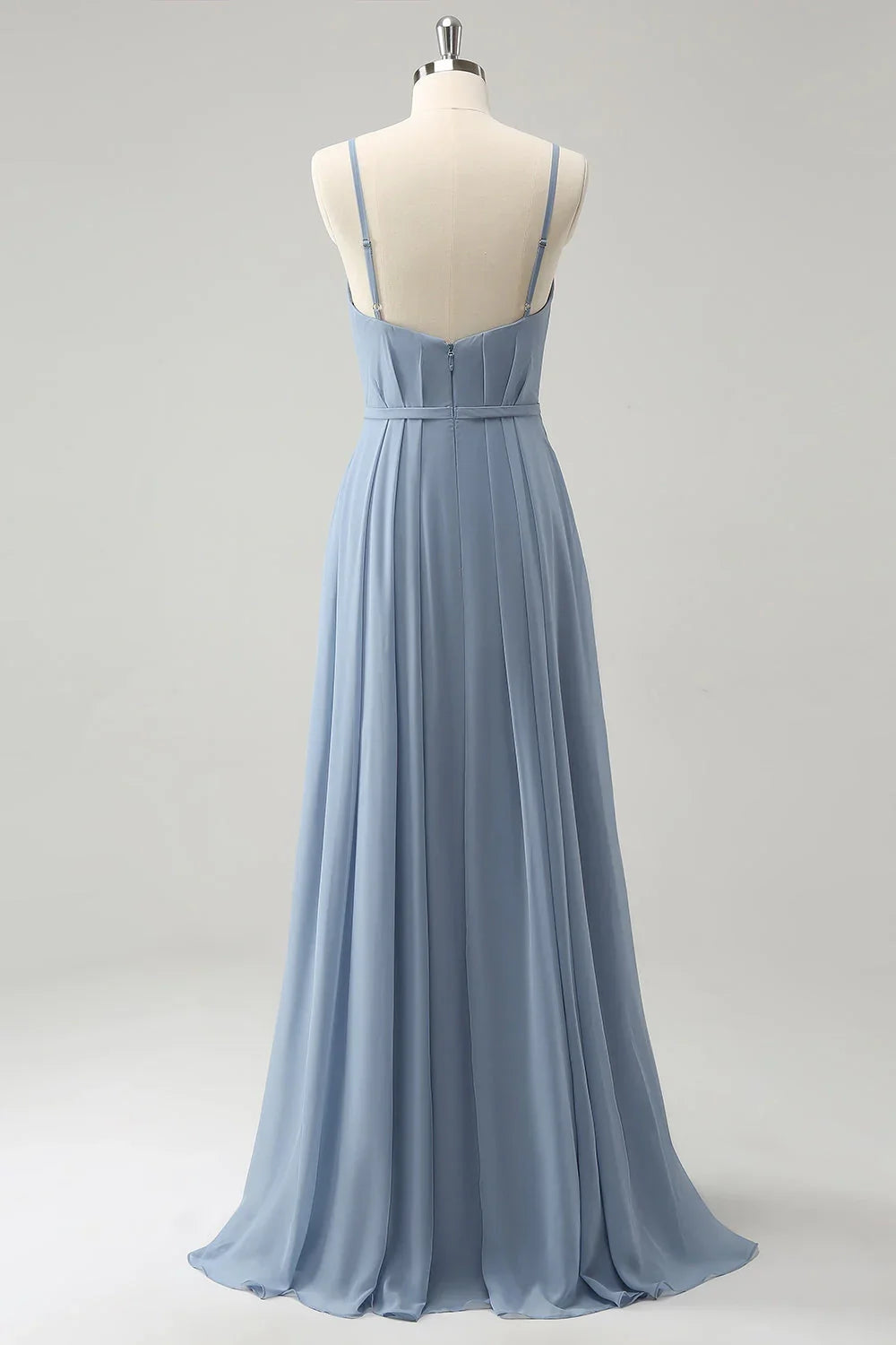 A charming A-line slim shoulder strap pleated long slit bridesmaid dress