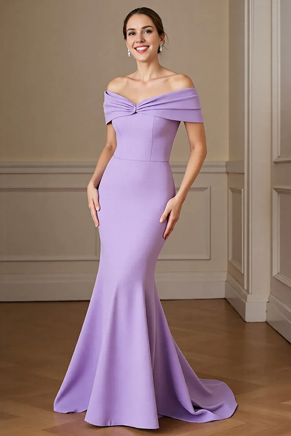 A charming mermaid off shoulder long, slim fit strapless bridal mother dress