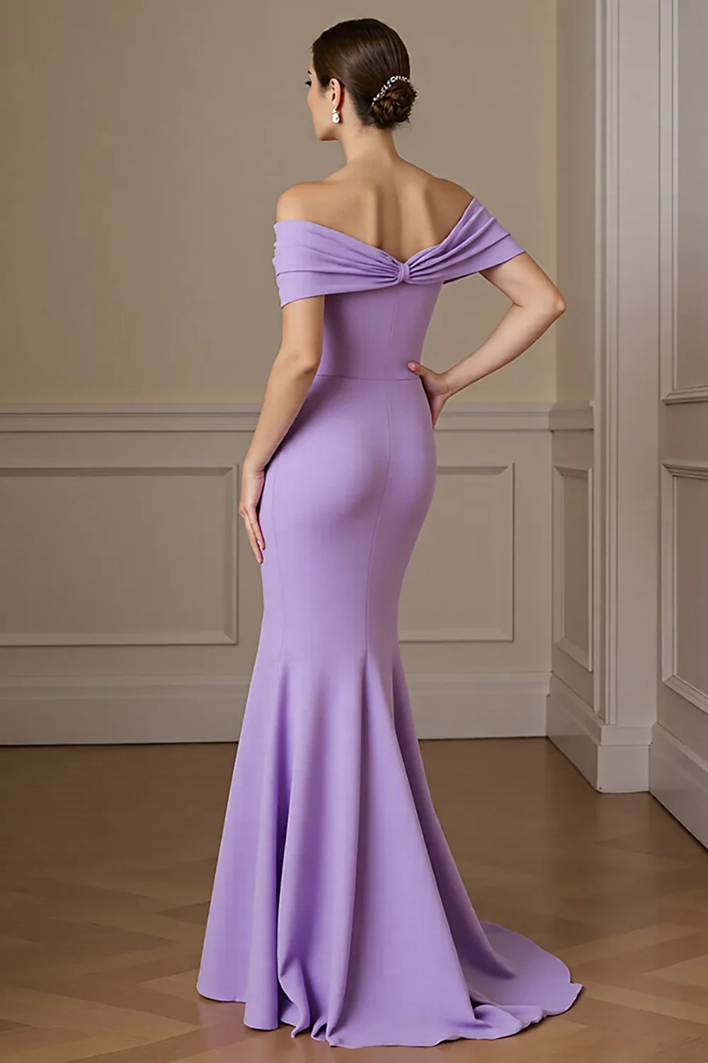 A charming mermaid off shoulder long, slim fit strapless bridal mother dress