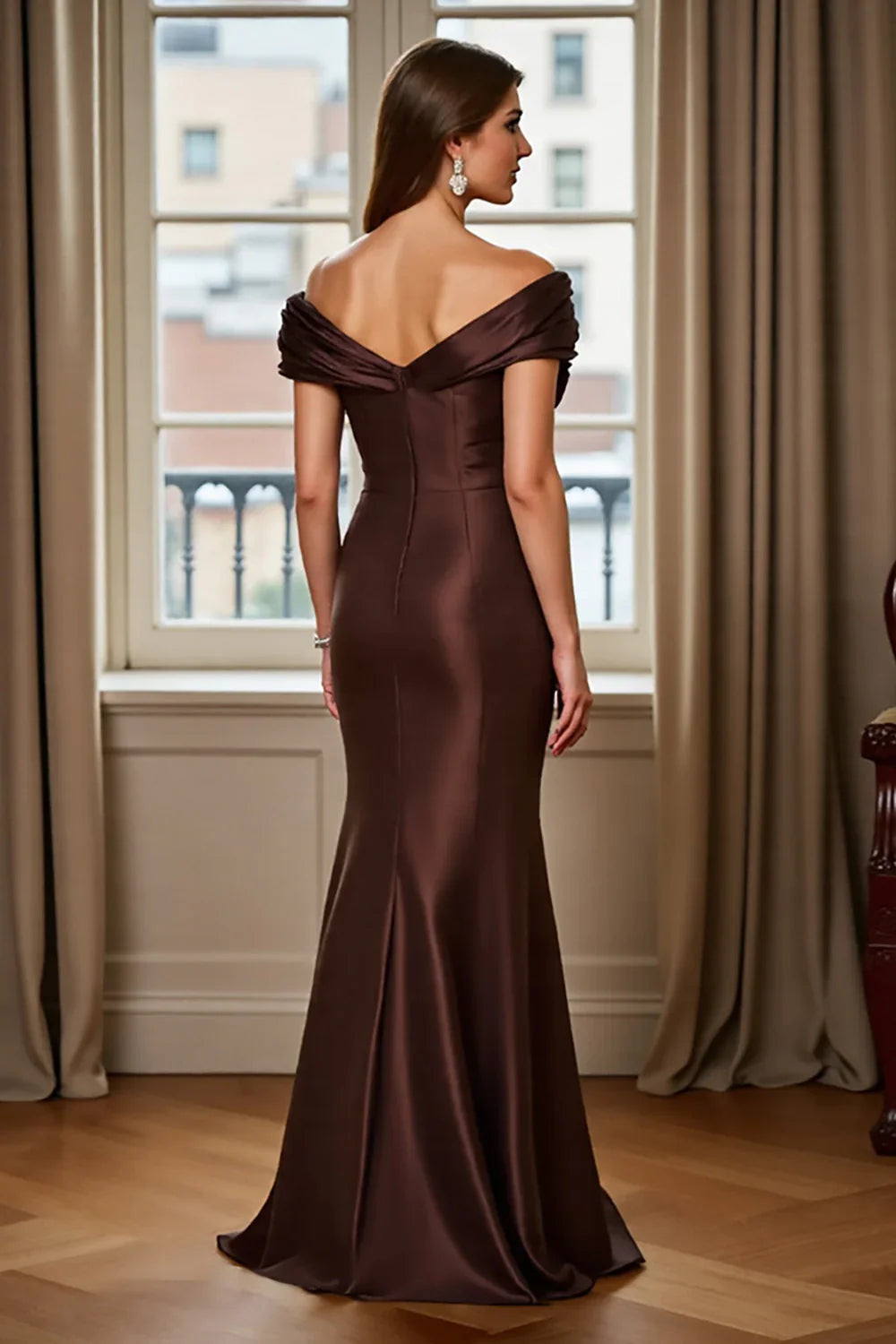 A charming mermaid satin off shoulder slim fit strapless bridal mother dress
