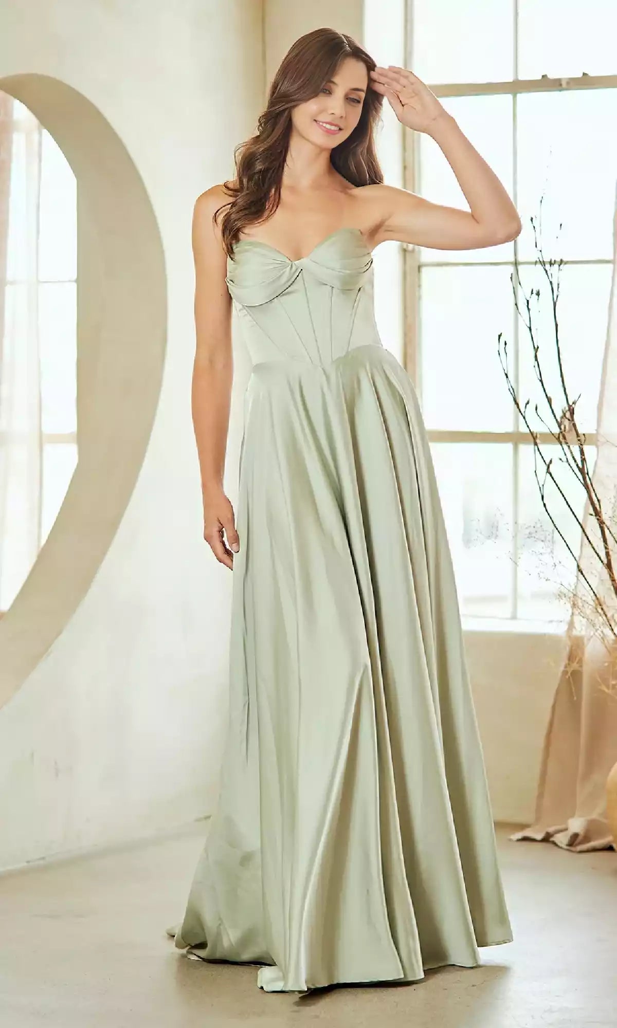 A classic long A-line corset with slim fit and beautiful design, imitating a wrapped body with side slits and A-line skirt, Prom Dresses