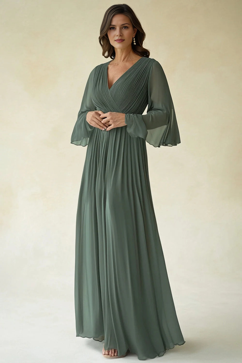 Agave Chiffon Pleated Flare Sleeves V-Neck Mother of The Bride Dress