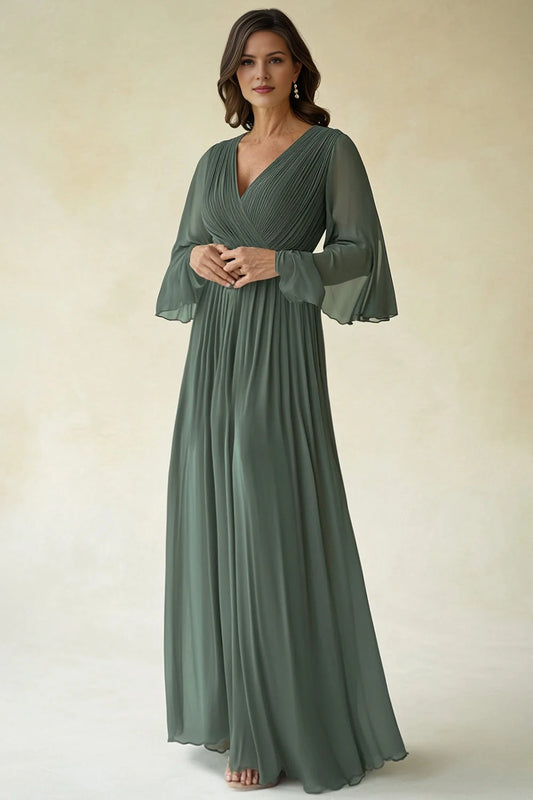 Agave Chiffon Pleated Flare Sleeves V-Neck Mother of The Bride Dress