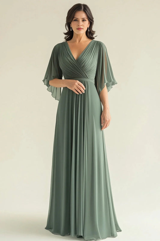 Agave Chiffon Pleated Flare Sleeves V-Neck Mother of The Bride Dress