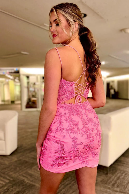 Appliques Plunge V Lace-Up Short Dress