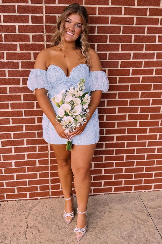 Appliques Sweetheart Bow Short Dress with Puff Sleeves