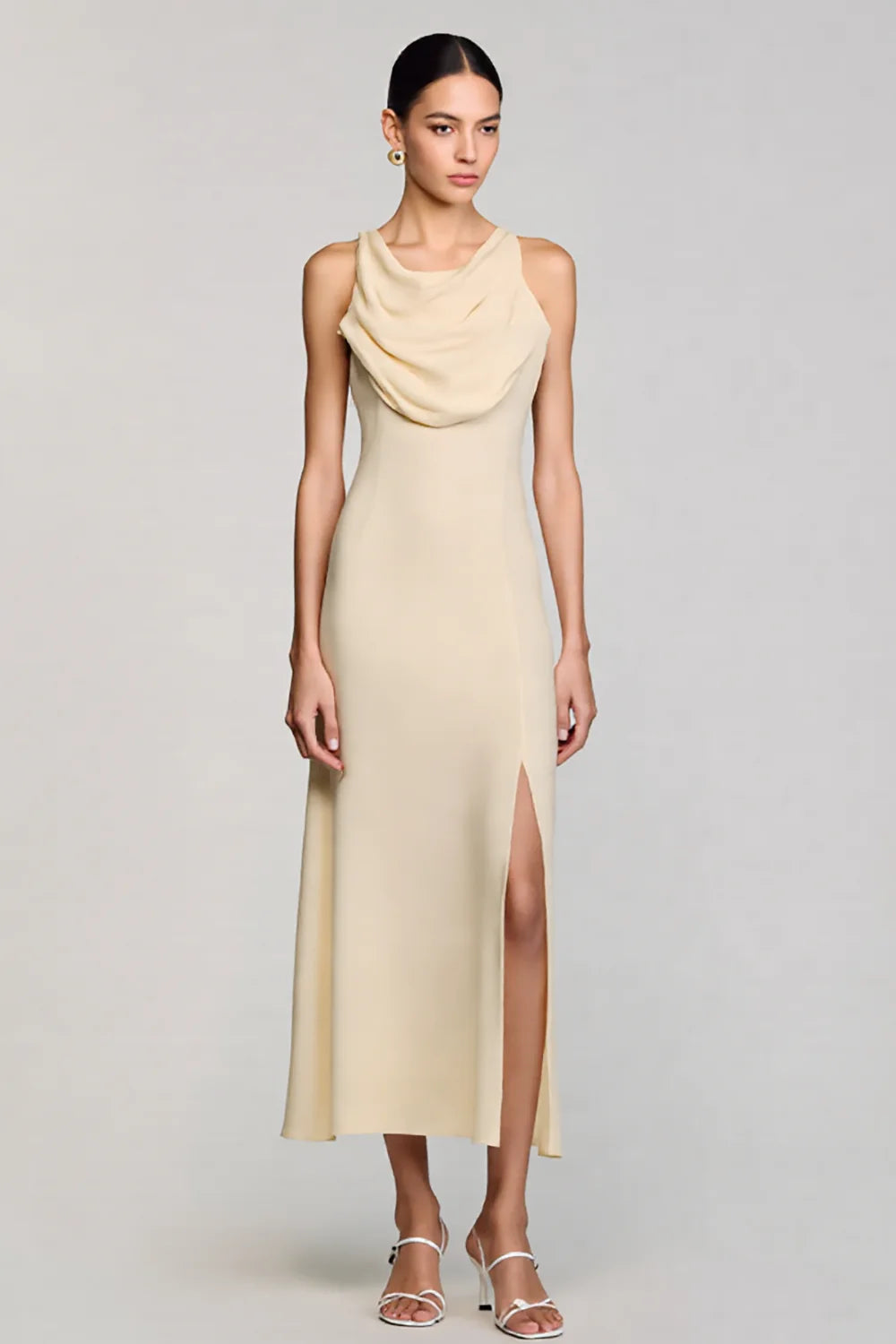 Apricot Cowl Neck Sheath Wedding Guest Dress With Slit