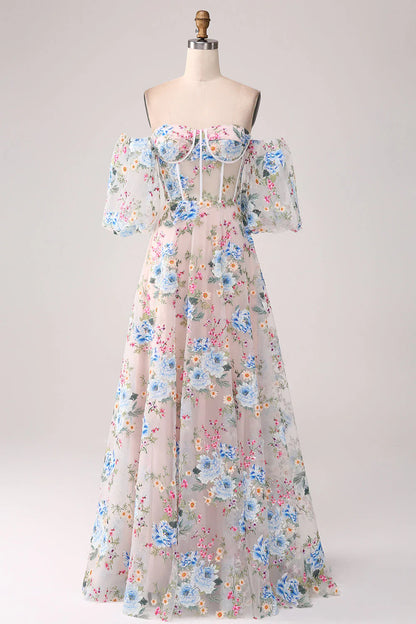 Apricot Flower A-Line Off the Shoulder Long Corset Prom Dress