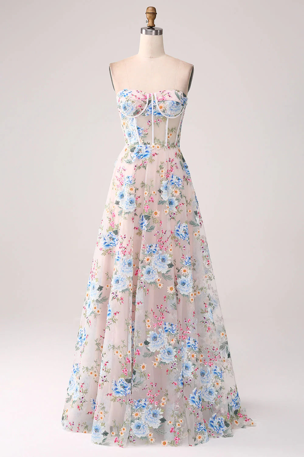 Apricot Flower A-Line Off the Shoulder Long Corset Prom Dress