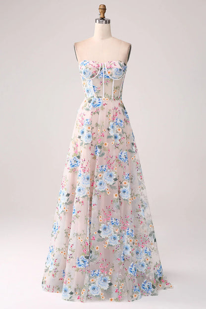 Apricot Flower A-Line Off the Shoulder Long Corset Prom Dress