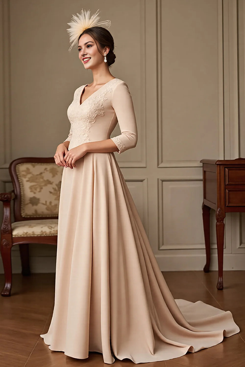 Apricot V Neck A Line Mother Of The Bride Dress With Appliques