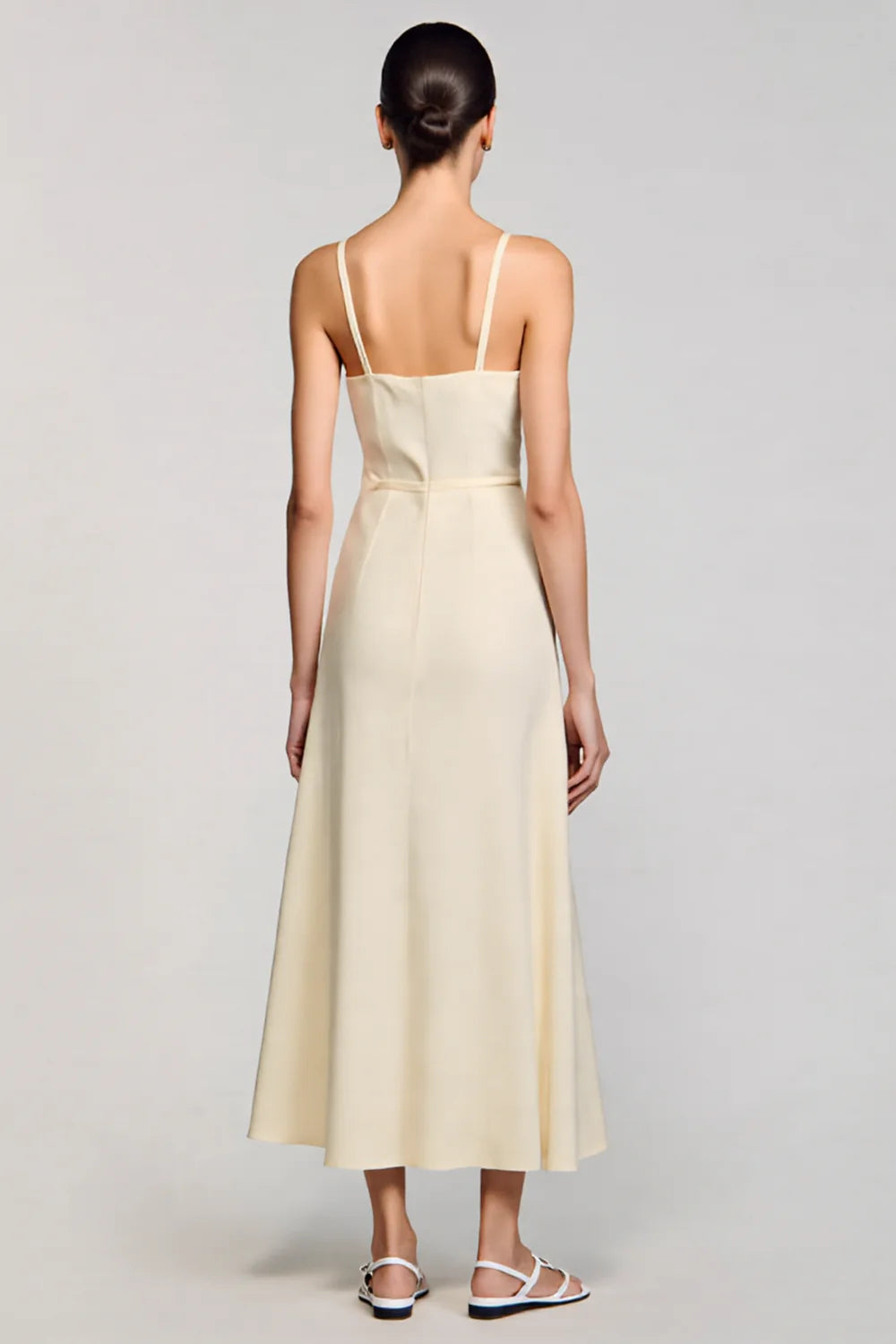 Apricot colored simple A-line spaghetti strap wedding guest dress