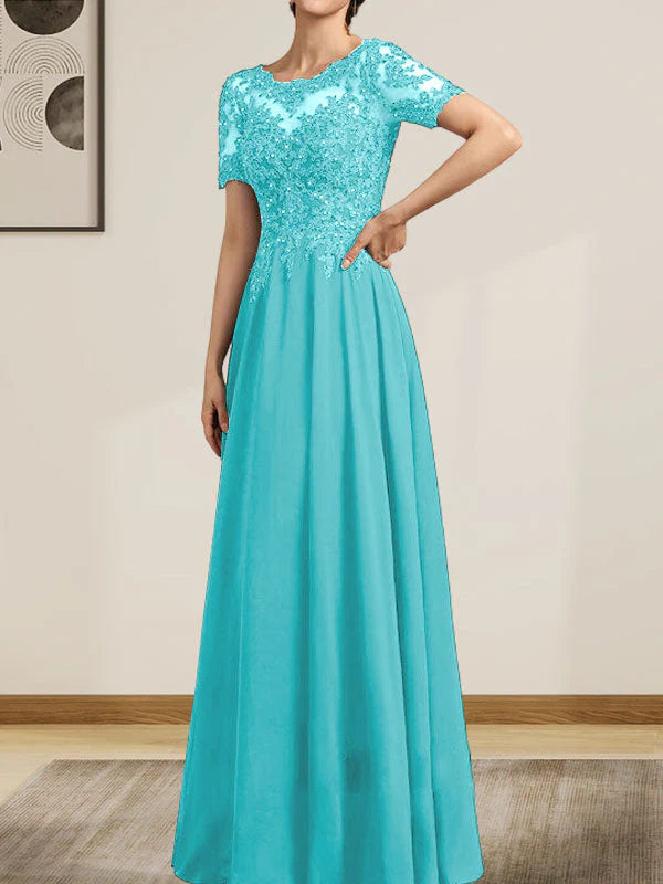 A-line Scoop Illusion Floor-Length Chiffon Lace Mother of the Bride Dress With Sequins Beading