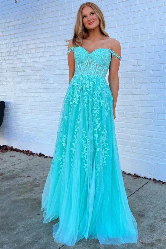 Aqua Floral Lace Sweetheart A-Line Prom Dress
